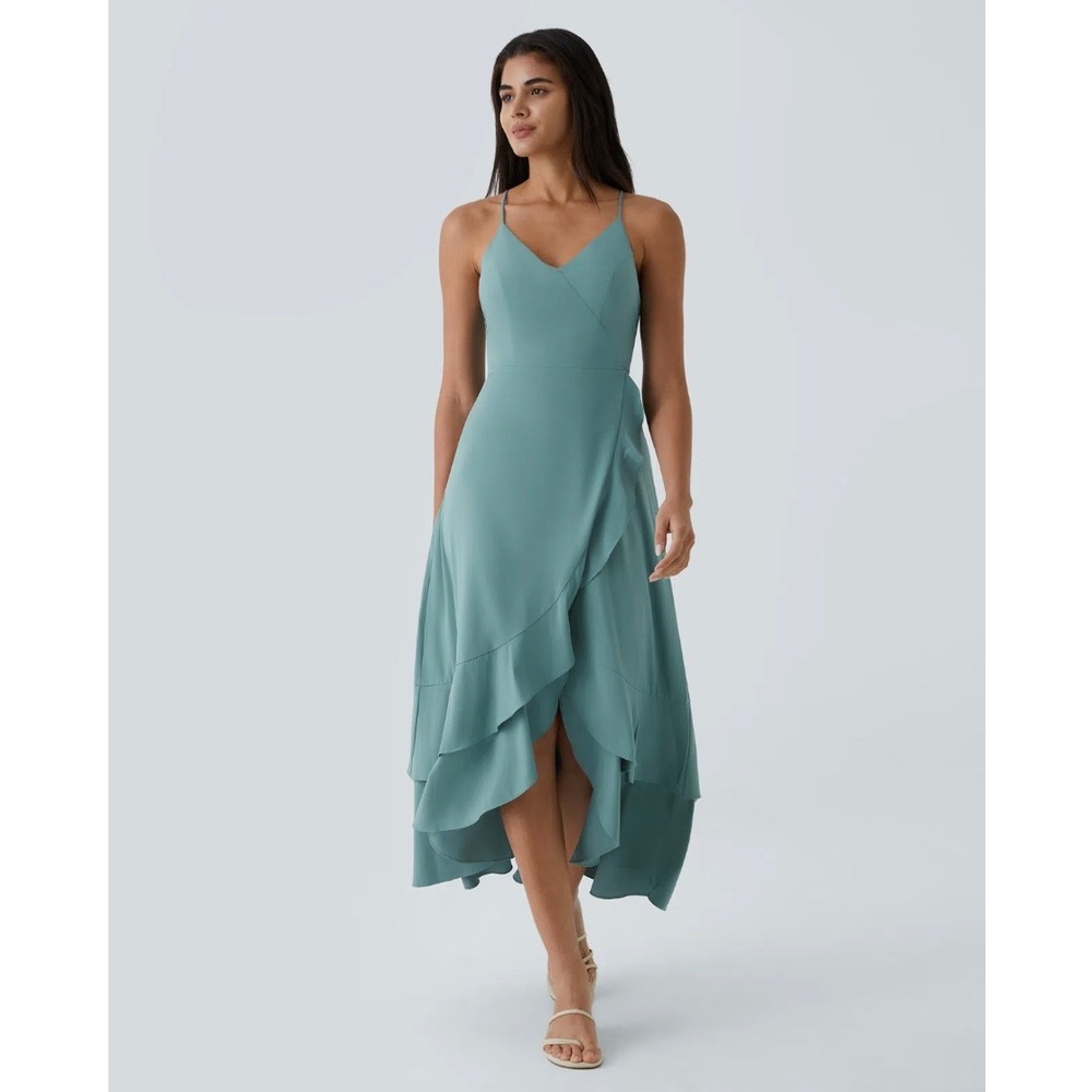Halara Teal Blue Ruffle Wrap Maxi Dress V-Neck Spaghetti Strap Size Medium NEW
